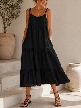 100% Linen Black Tiered Tie Shoulder Midi Dress L Pockets Coastal Lagenlook NWOT